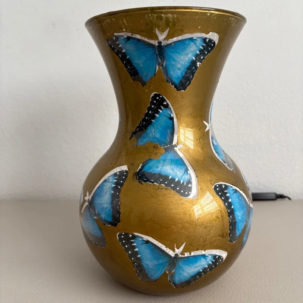 Vintage Hand Painted Gold Glass Vase Blue Butterfly Decoupage Floral Decor 9.5in